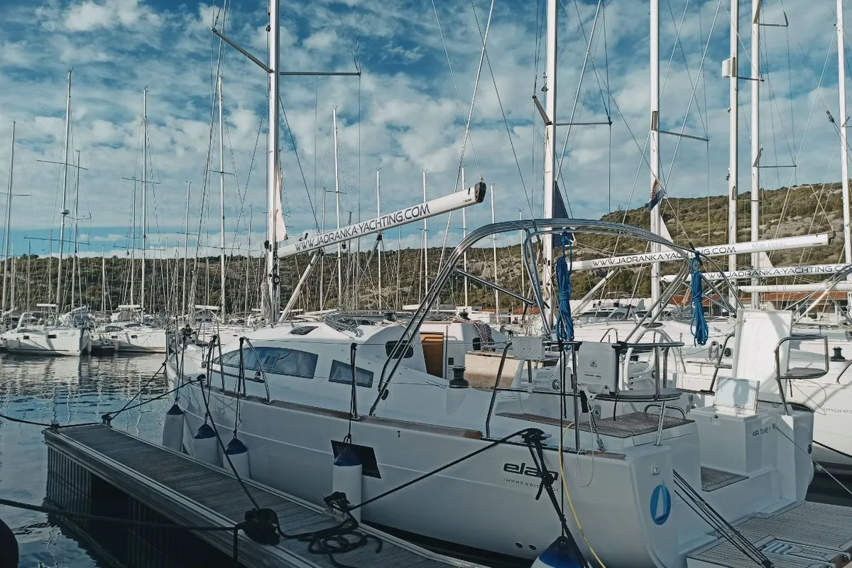 Exterior view of AirTime 1, a Elan Impression 40.1 sailboat at Punat, Croatia