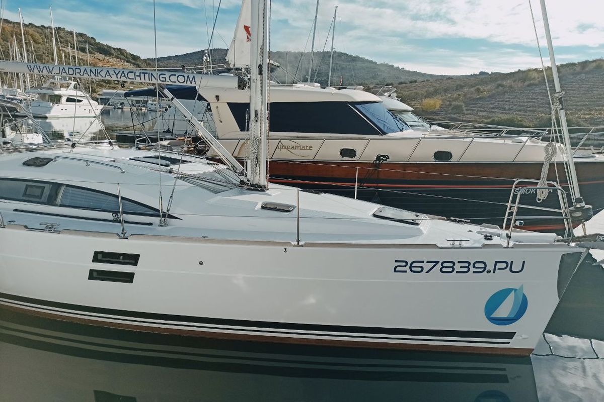 Exterior view of AirTime 1, a Elan Impression 40.1 sailboat at Punat, Croatia