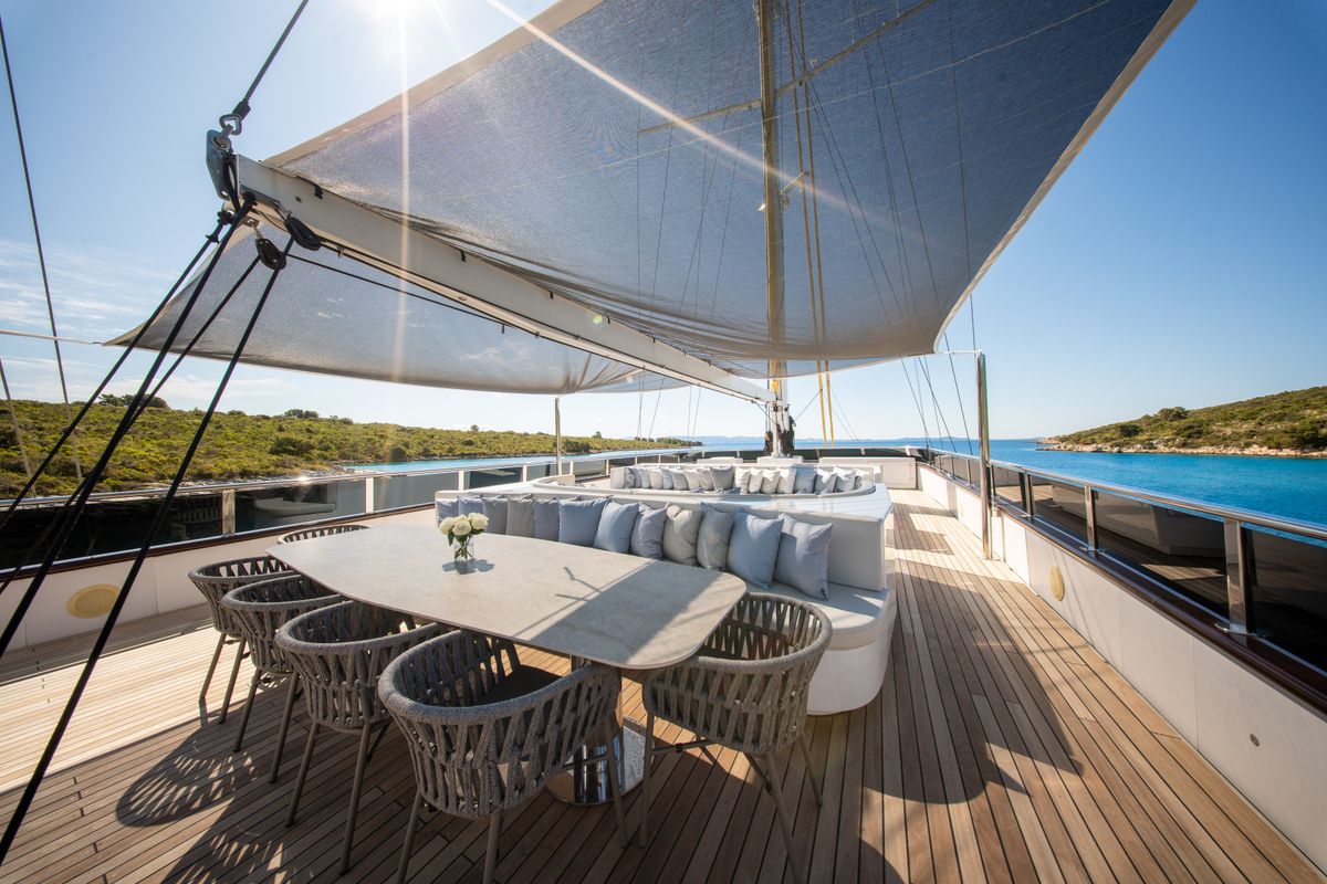 Deck of Anima Maris, a Gulet Luxury Sailing Yacht sailboat at Split, Croatia