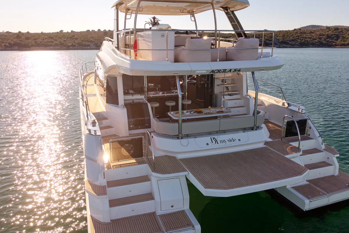 Exterior view of By My Side, a Aquila Yachts Aquila 54 Yacht catamaran at Grad Šibenik, Croatia