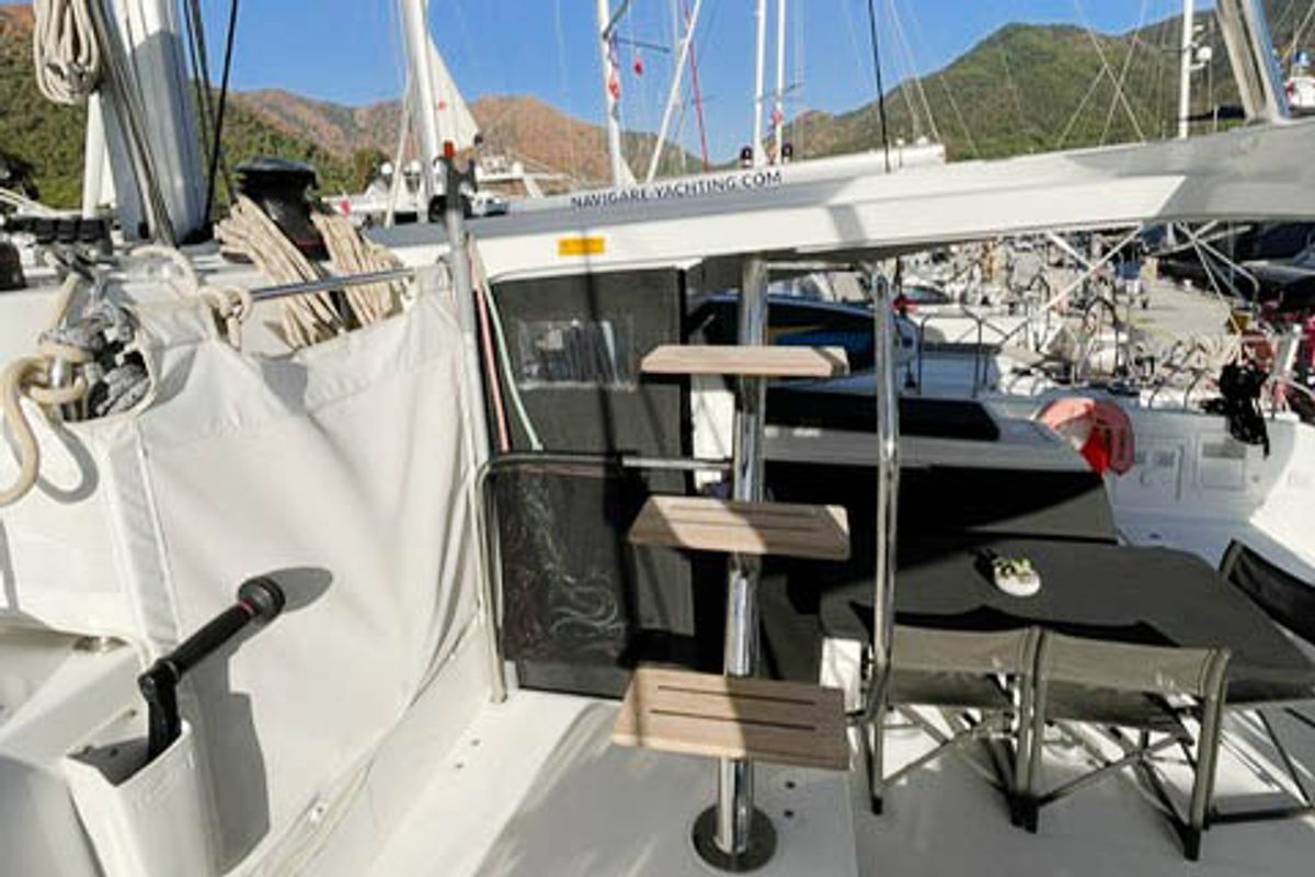 Deck of NORD, a Lagoon 42 catamaran at Marmaris, Turkey