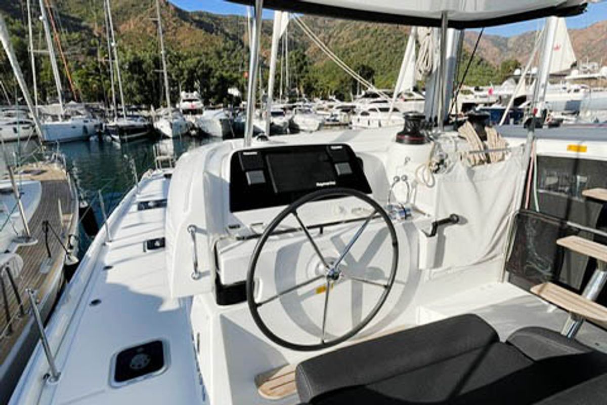 Cockpit of NORD, a Lagoon 42 catamaran at Marmaris, Turkey