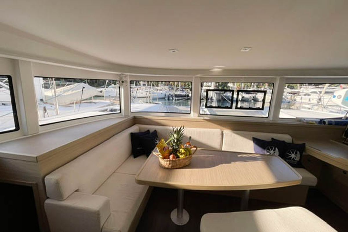 Salon of NORD, a Lagoon 42 catamaran at Marmaris, Turkey