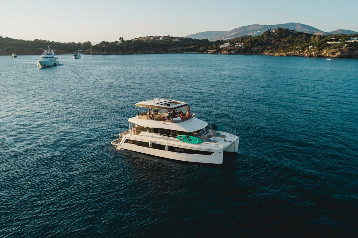 Exterior view of Emy 6, a Fountaine Pajot MY6 catamaran at Municipal Unit of Apollonioi, Greece