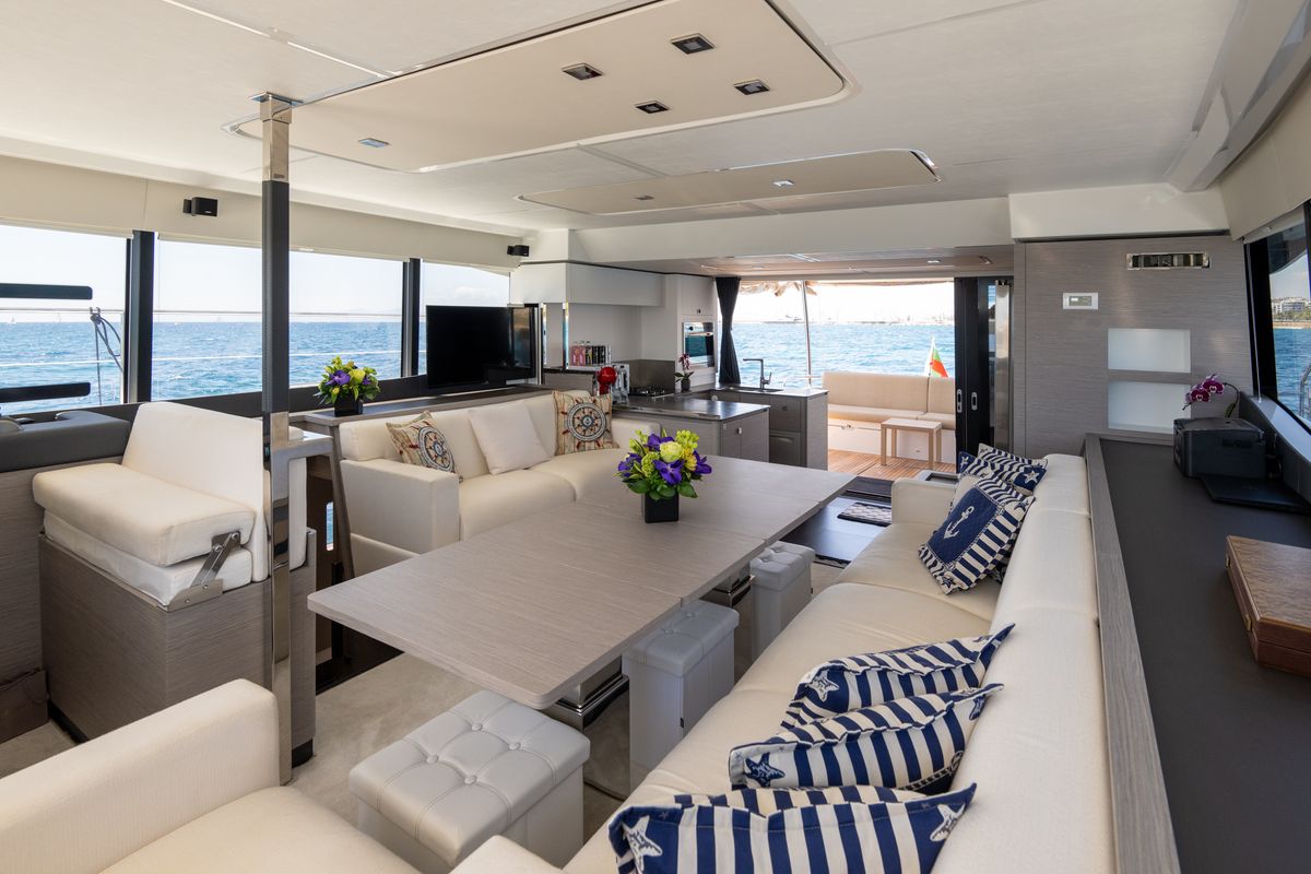 Salon of Emy 6, a Fountaine Pajot MY6 catamaran at Municipal Unit of Apollonioi, Greece