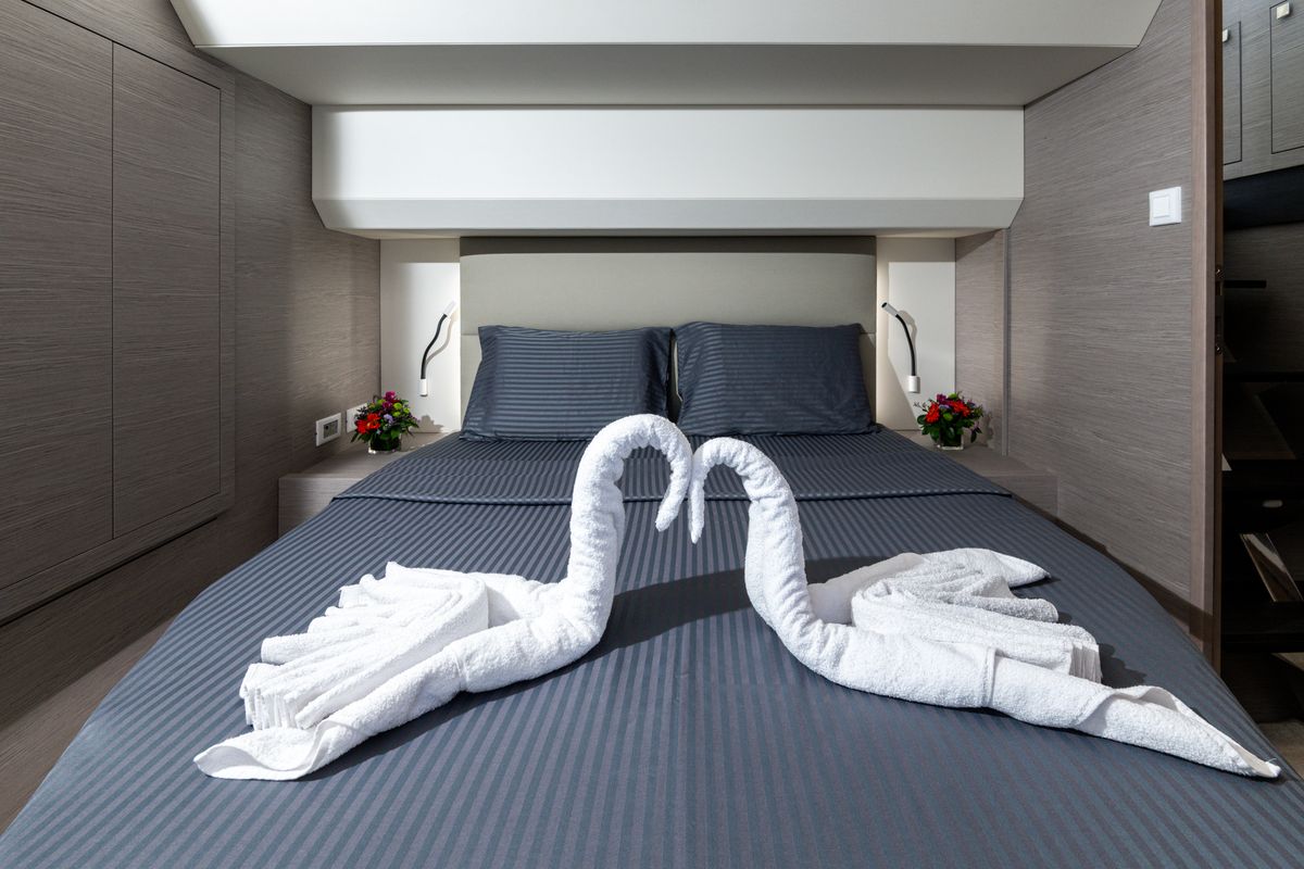 Cabin on Emy 6, a Fountaine Pajot MY6 catamaran at Municipal Unit of Apollonioi, Greece