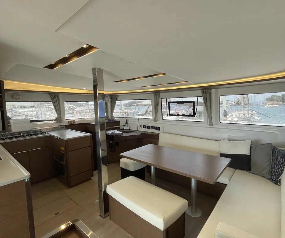 Salon of Espabila, a Lagoon 46 catamaran at Skiathos, Greece