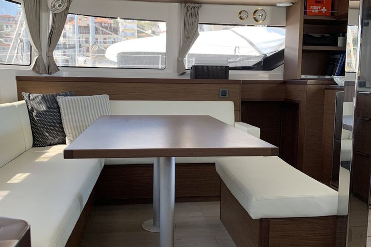 Salon of Espabila, a Lagoon 46 catamaran at Skiathos, Greece