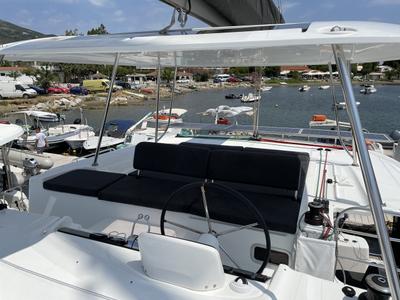 Cockpit of Espabila, a Lagoon 46 catamaran at Skiathos, Greece