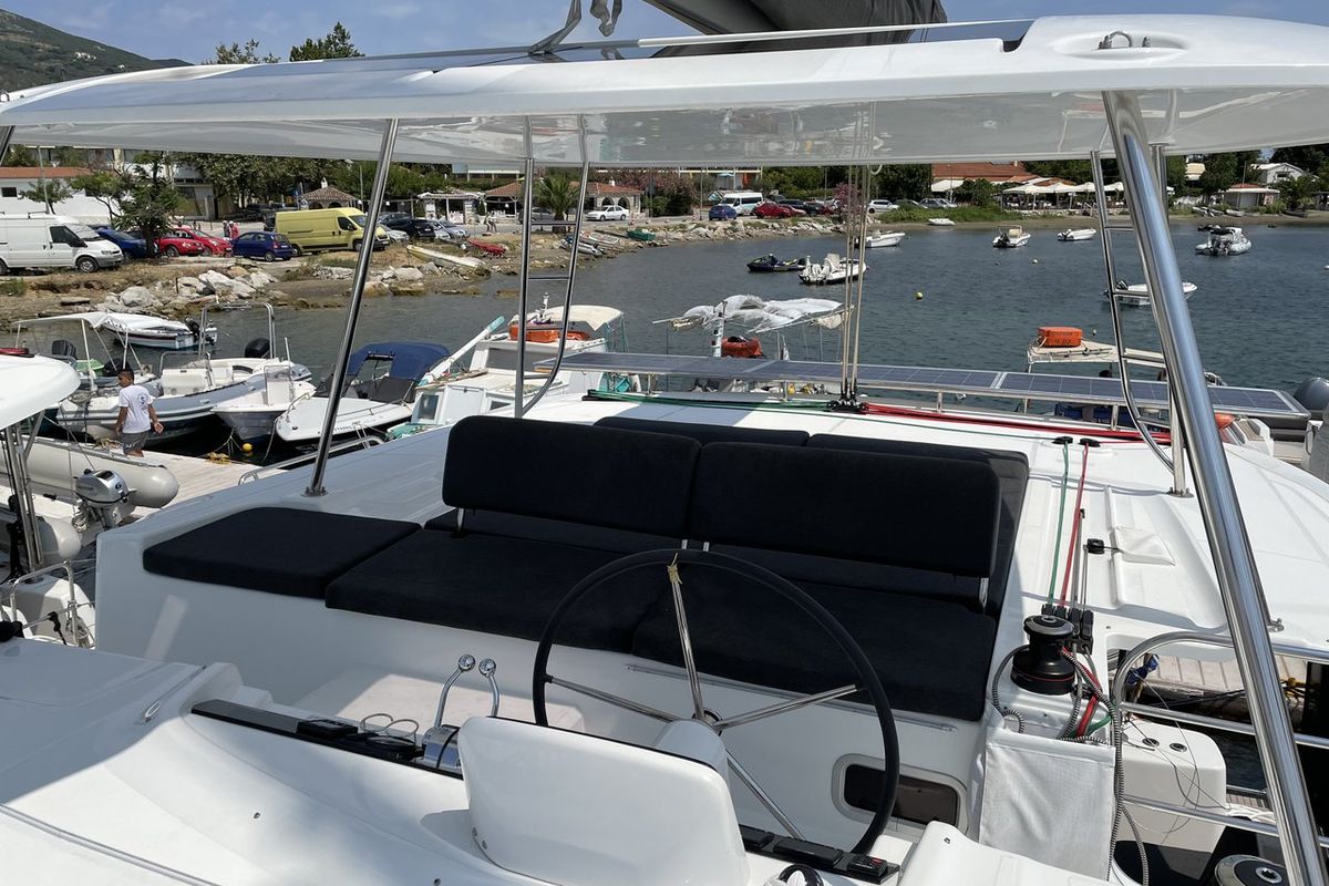 Cockpit of Espabila, a Lagoon 46 catamaran at Skiathos, Greece