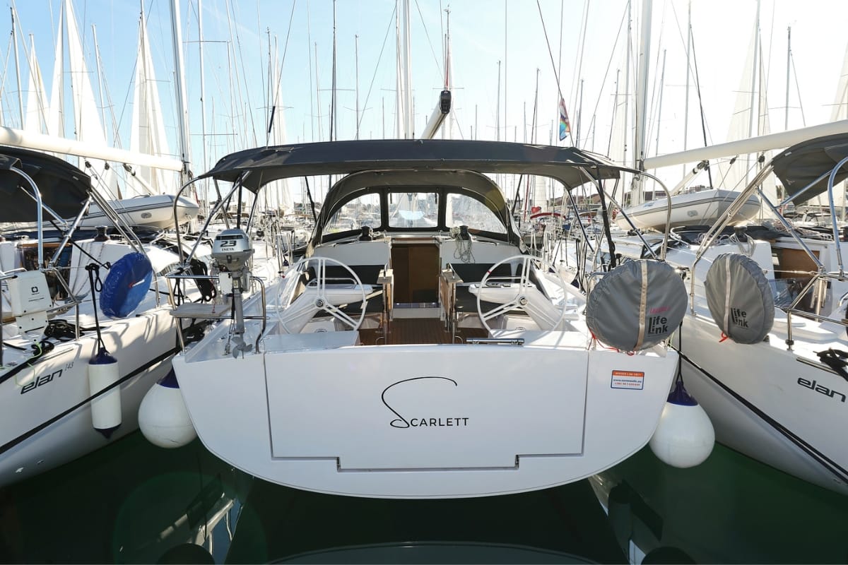 Exterior view of Scarlett, a Elan Impression 45 sailboat at Grad Biograd na Moru, Croatia