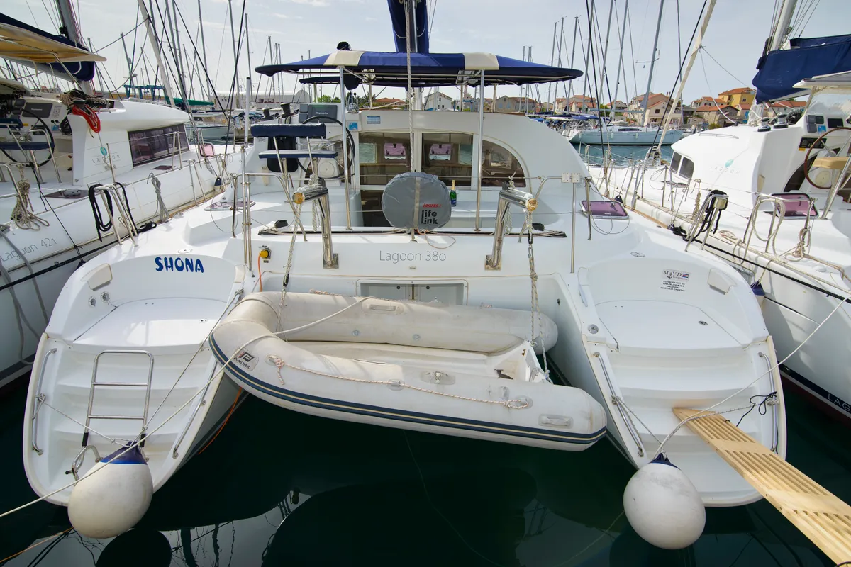 Exterior view of Shona, a Lagoon 380 catamaran at Betina, Croatia