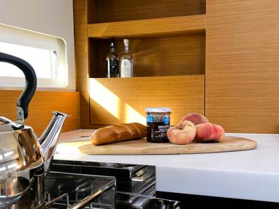 Galley of Little Tony, a Jeanneau Sun Odyssey 410 sailboat at Athens, Greece