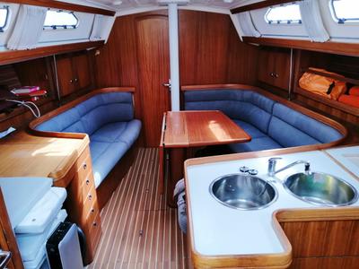 Galley of Peter Pan, a Elan 40 sailboat at Genoa, Italy