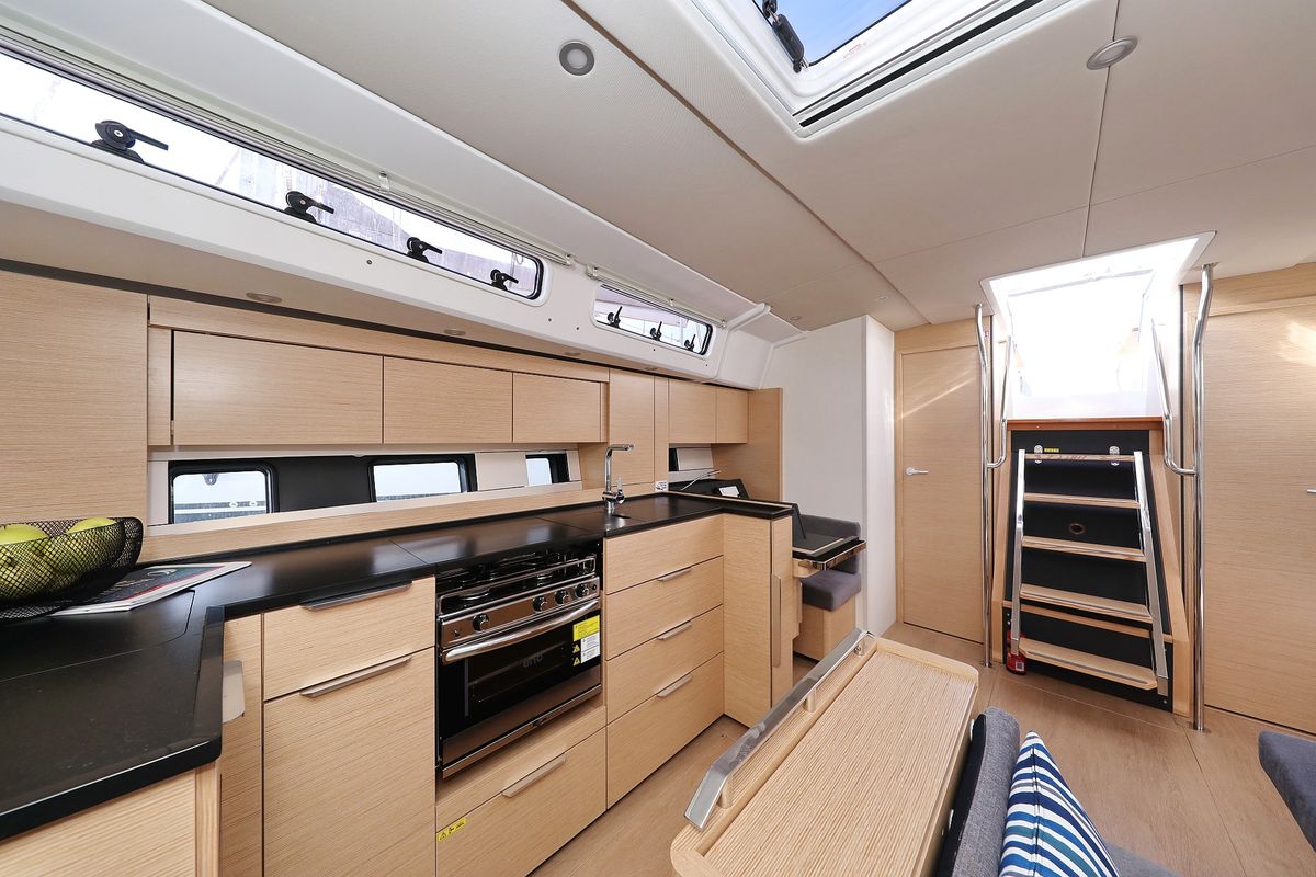Galley of Libertas, a Hanse Yachts Hanse 460 sailboat at Seget Donji, Croatia
