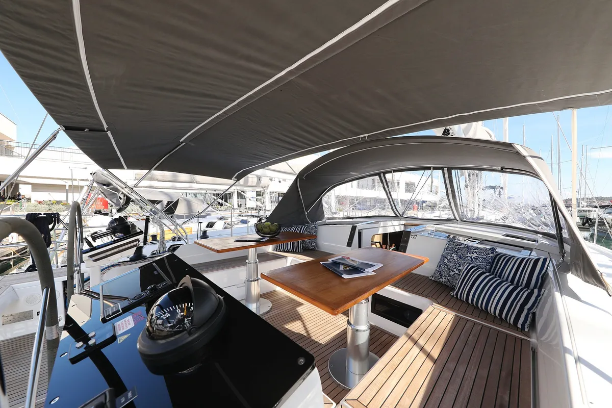 Deck of Libertas, a Hanse Yachts Hanse 460 sailboat at Seget Donji, Croatia