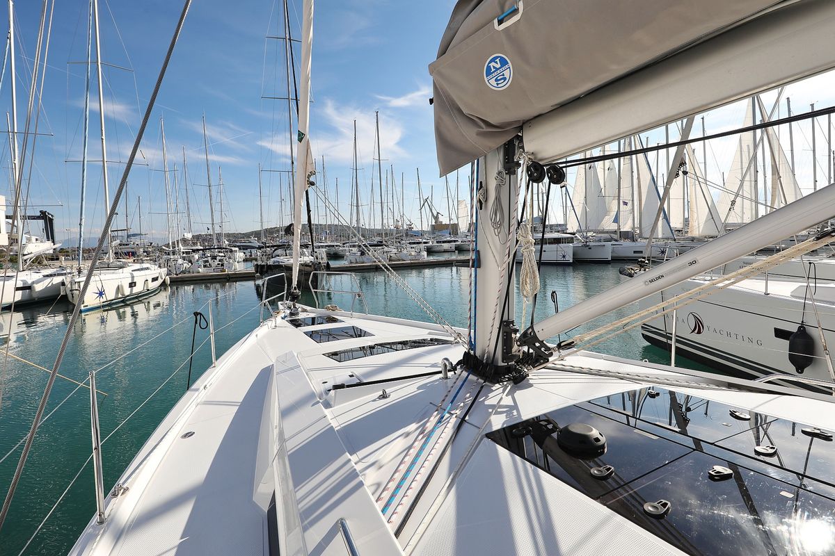 Exterior view of Libertas, a Hanse Yachts Hanse 460 sailboat at Seget Donji, Croatia