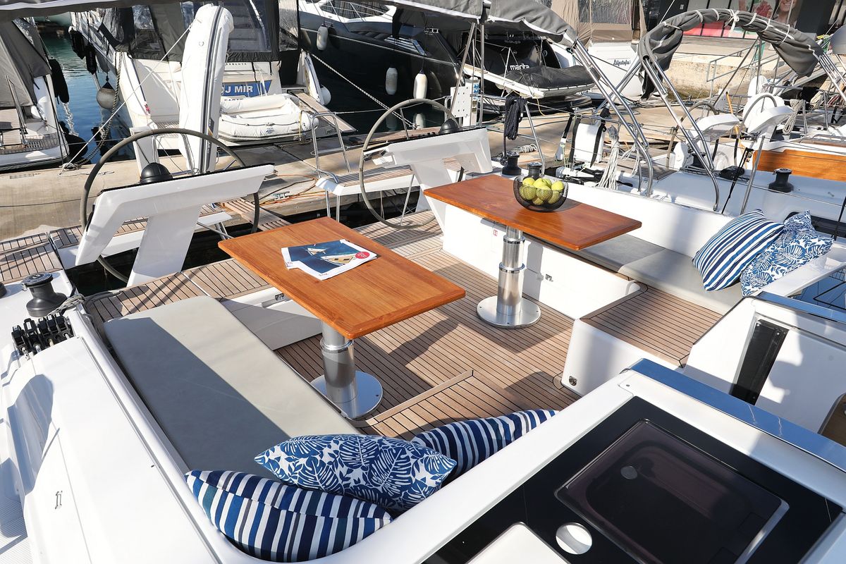 Deck of Libertas, a Hanse Yachts Hanse 460 sailboat at Seget Donji, Croatia