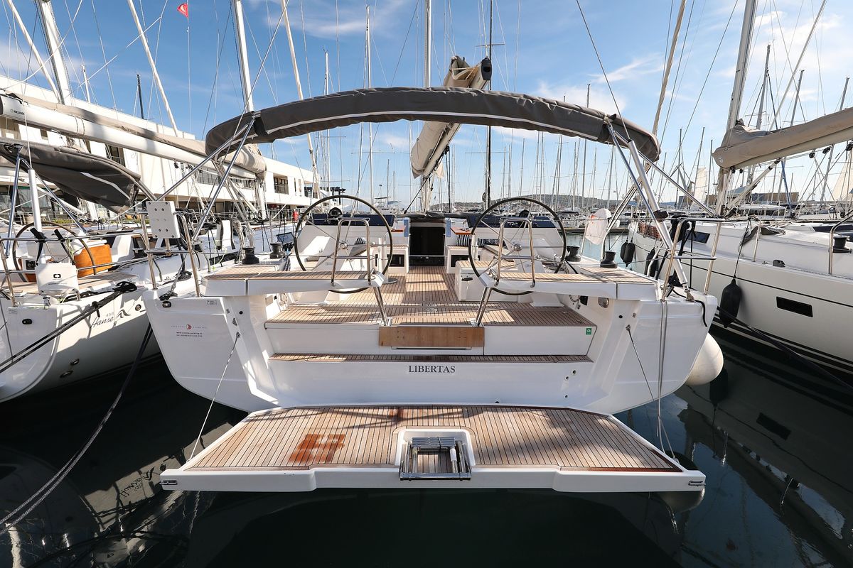 Exterior view of Libertas, a Hanse Yachts Hanse 460 sailboat at Seget Donji, Croatia