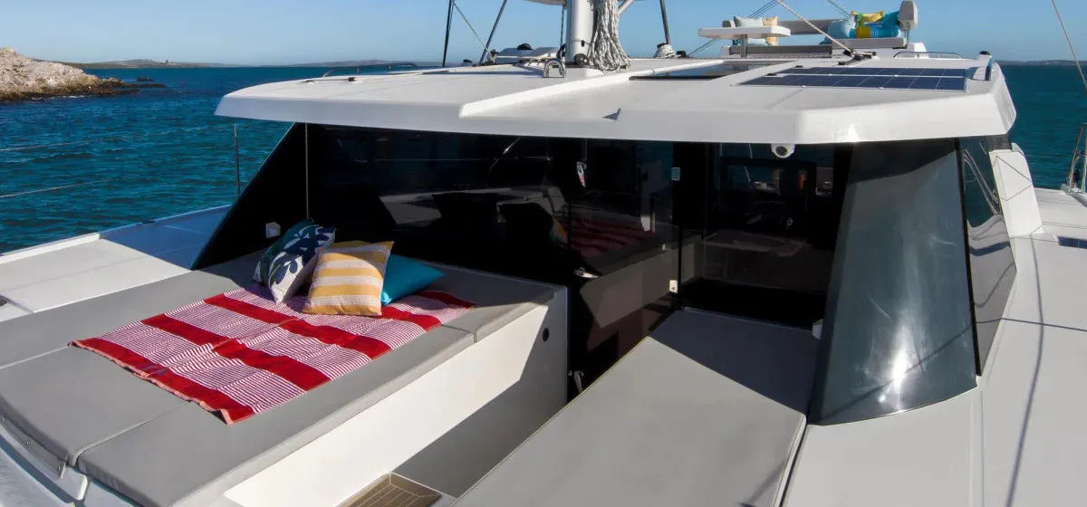 Deck of Moorings 4200/3/3 Exclusive, a Leopard 42 catamaran at Uturoa, France