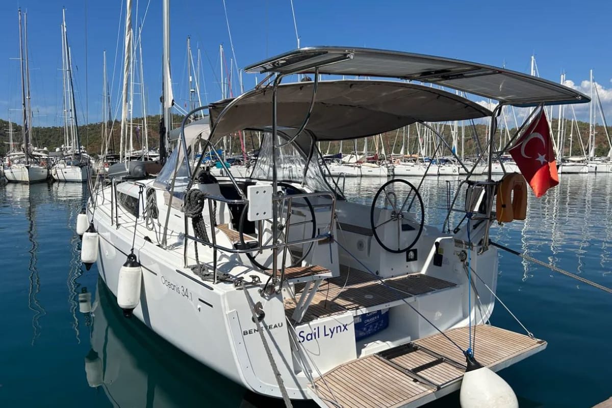 Exterior view of Sail Lynx, a Beneteau Oceanis 34.1 sailboat at Fethiye, Turkey