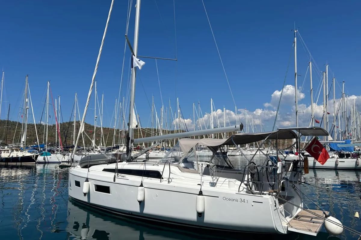 Exterior view of Sail Lynx, a Beneteau Oceanis 34.1 sailboat at Fethiye, Turkey