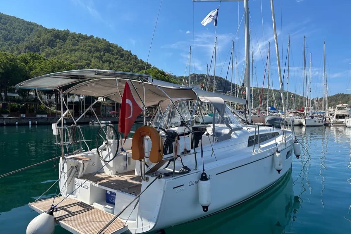 Exterior view of Sail Lynx, a Beneteau Oceanis 34.1 sailboat at Fethiye, Turkey