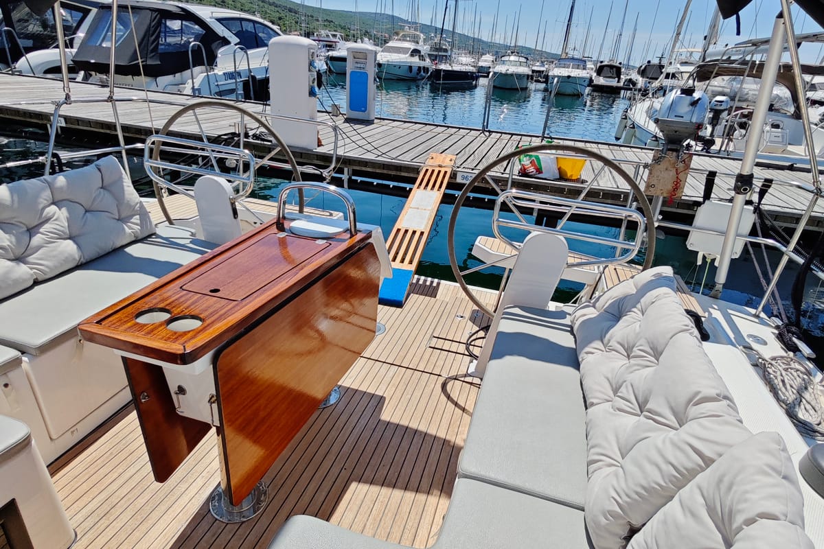 Deck of Gala, a Bavaria C42 sailboat at Punat, Croatia