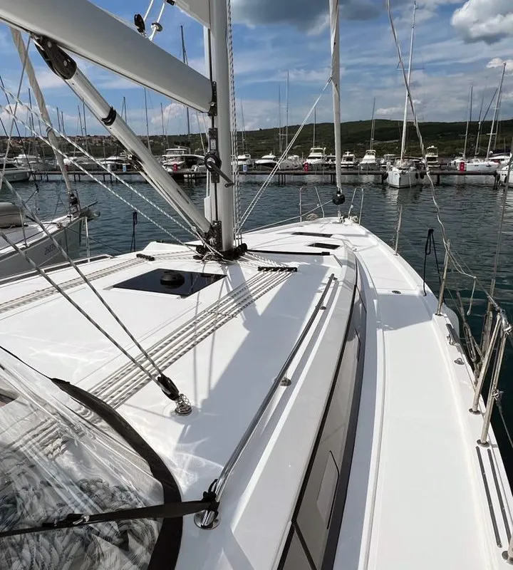 Deck of Gala, a Bavaria C42 sailboat at Punat, Croatia