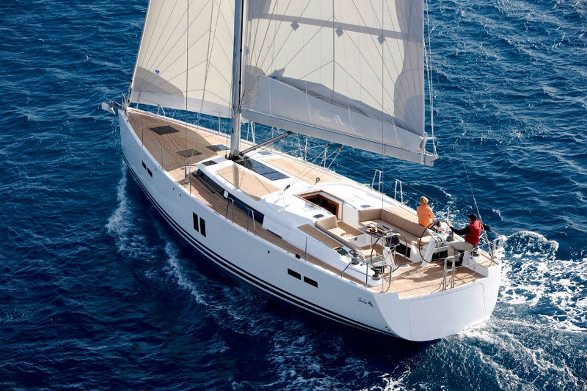 Exterior view of Taurus, a Hanse Yachts Hanse 445 sailboat at Fethiye, Turkey