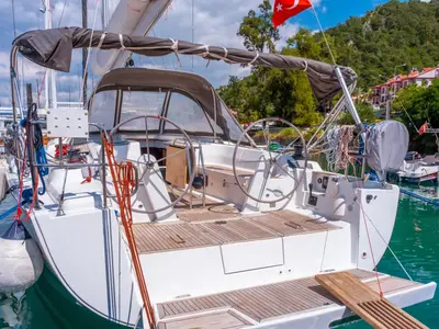 Cockpit of Taurus, a Hanse Yachts Hanse 445 sailboat at Fethiye, Turkey