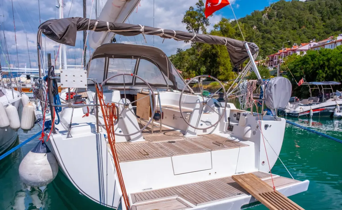 Cockpit of Taurus, a Hanse Yachts Hanse 445 sailboat at Fethiye, Turkey