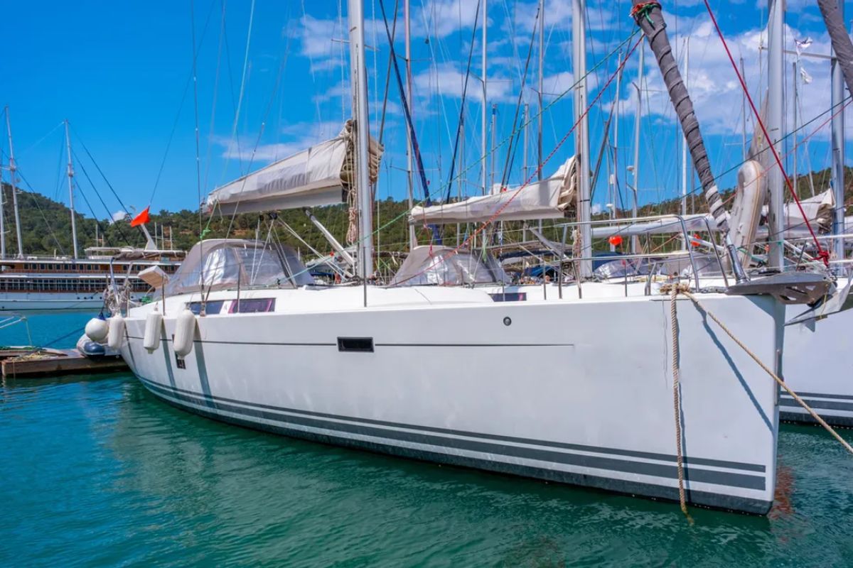 Exterior view of Taurus, a Hanse Yachts Hanse 445 sailboat at Fethiye, Turkey