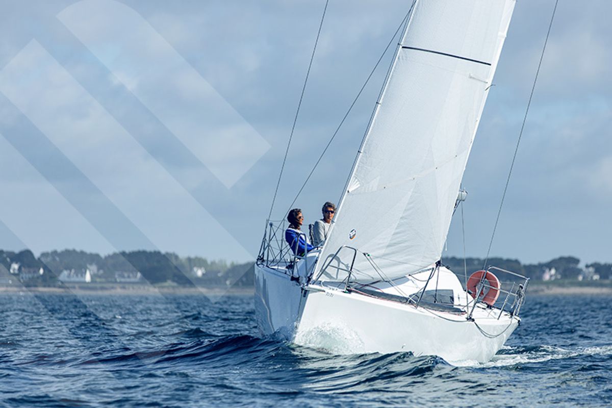Exterior view of R2D2, a Jeanneau Sun Fast 3200 sailboat at La Trinité-sur-Mer, France