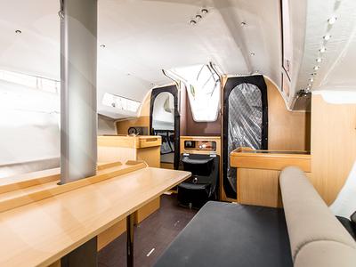 Salon of R2D2, a Jeanneau Sun Fast 3200 sailboat at La Trinité-sur-Mer, France