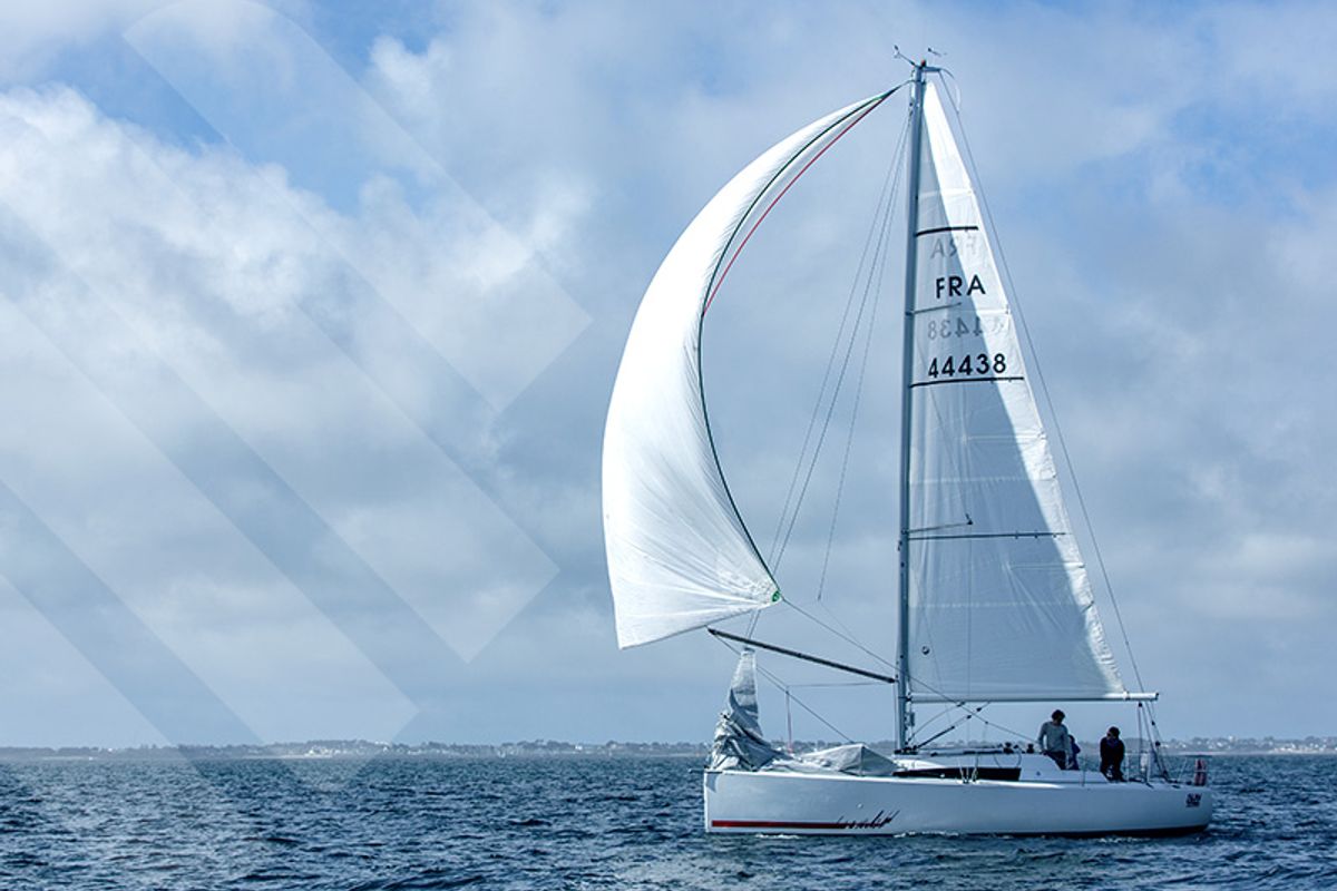 Exterior view of R2D2, a Jeanneau Sun Fast 3200 sailboat at La Trinité-sur-Mer, France