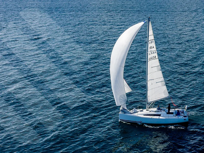 Exterior view of R2D2, a Jeanneau Sun Fast 3200 sailboat at La Trinité-sur-Mer, France