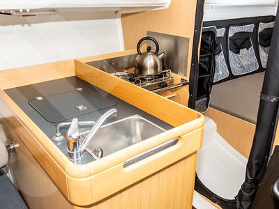 Galley of R2D2, a Jeanneau Sun Fast 3200 sailboat at La Trinité-sur-Mer, France
