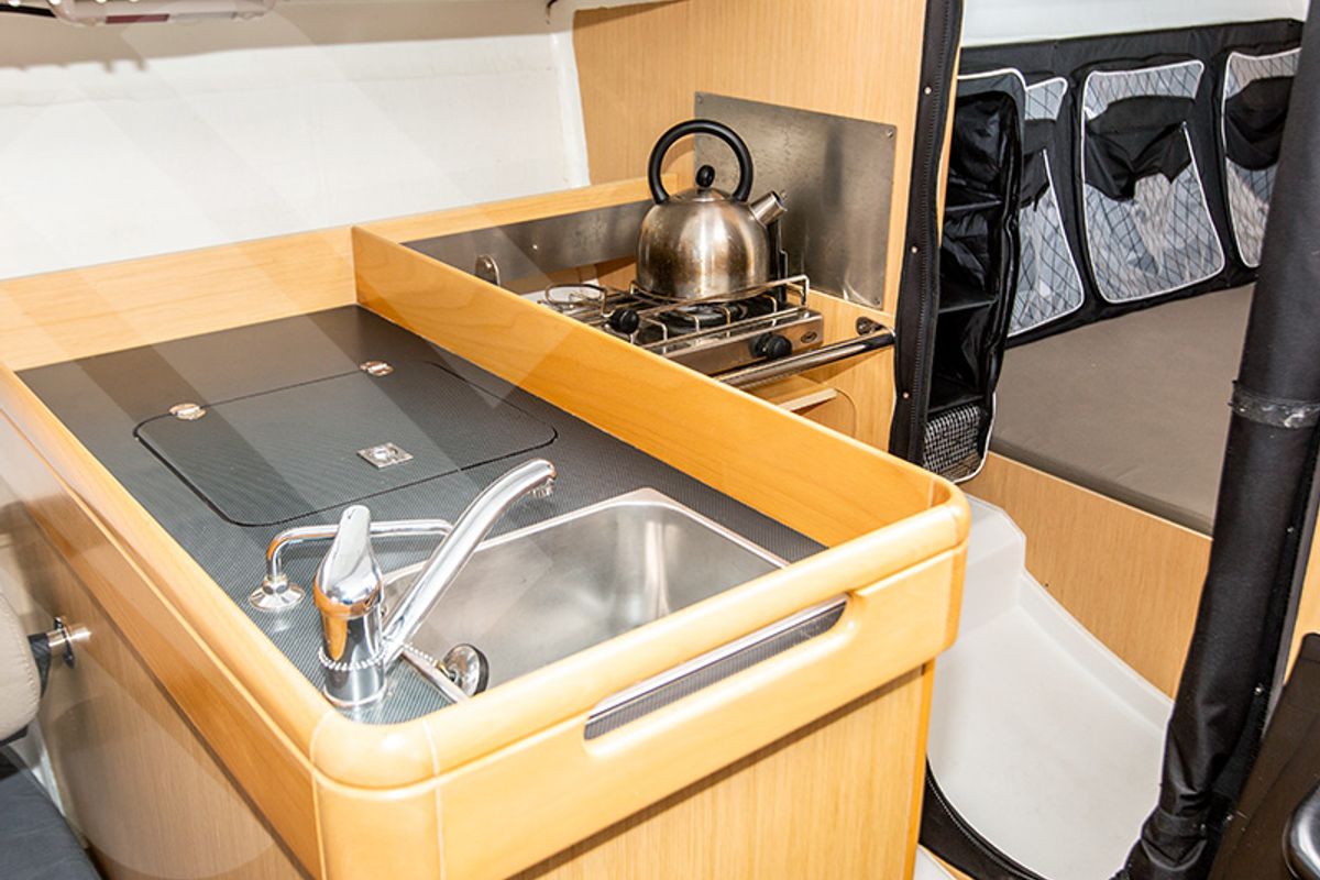 Galley of R2D2, a Jeanneau Sun Fast 3200 sailboat at La Trinité-sur-Mer, France