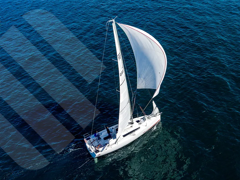 Exterior view of R2D2, a Jeanneau Sun Fast 3200 sailboat at La Trinité-sur-Mer, France