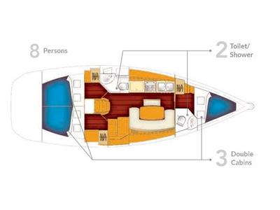 Floor plan of Bleu Note, a Beneteau Cyclades 39 sailboat at Yerseke, Netherlands