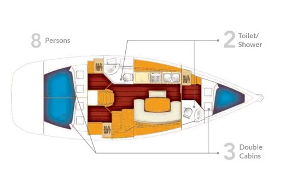 Floor plan of Bleu Note, a Beneteau Cyclades 39 sailboat at Yerseke, Netherlands