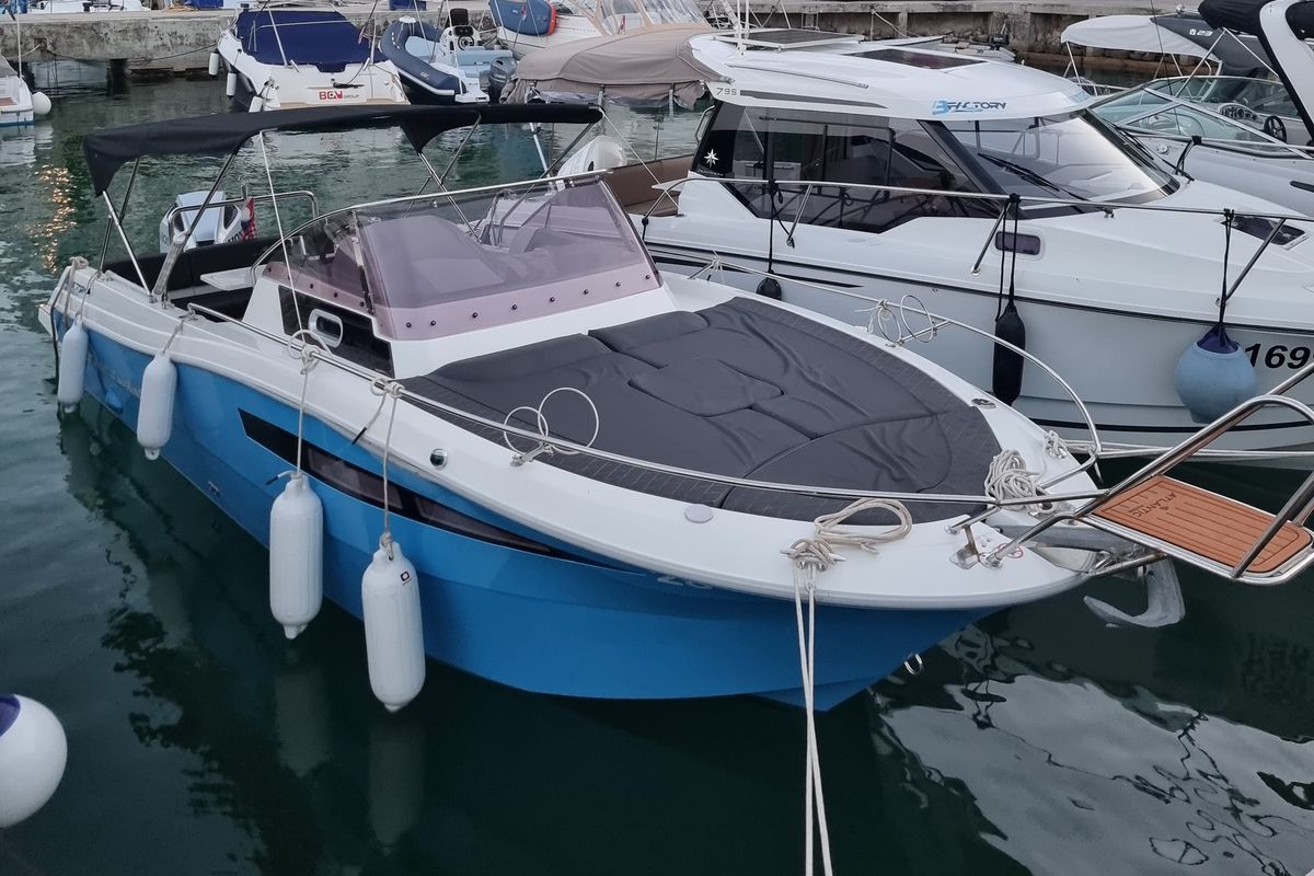 Exterior view of Lady Blue, a Atlantic Marine Sun Cruiser 730 motorboat at Grad Opatija, Croatia