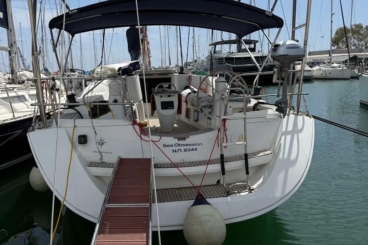 Exterior view of Sea Obsession, a Jeanneau Sun Odyssey 42i sailboat at Municipal Unit of Ellomenos, Greece