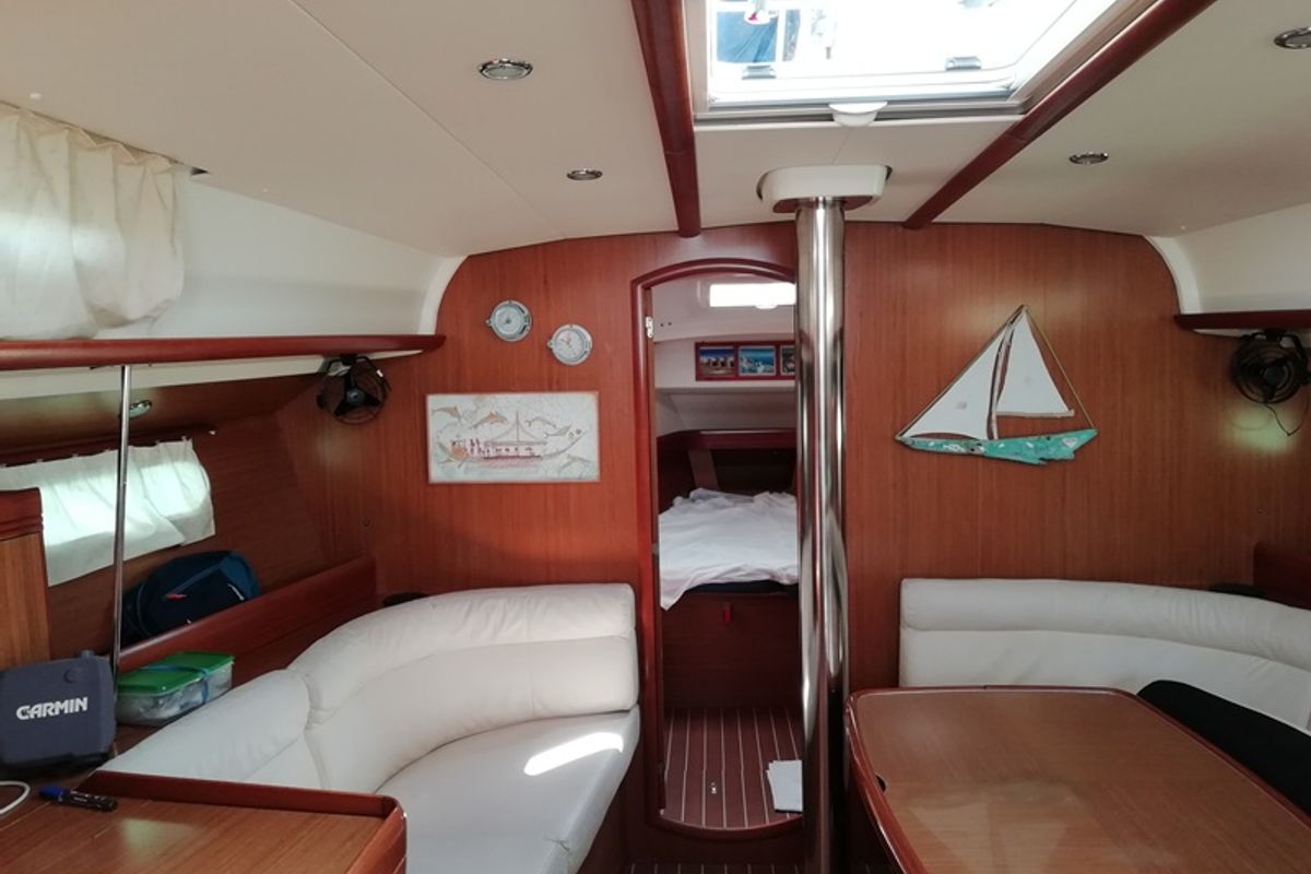 Salon of Sea Obsession, a Jeanneau Sun Odyssey 42i sailboat at Municipal Unit of Ellomenos, Greece