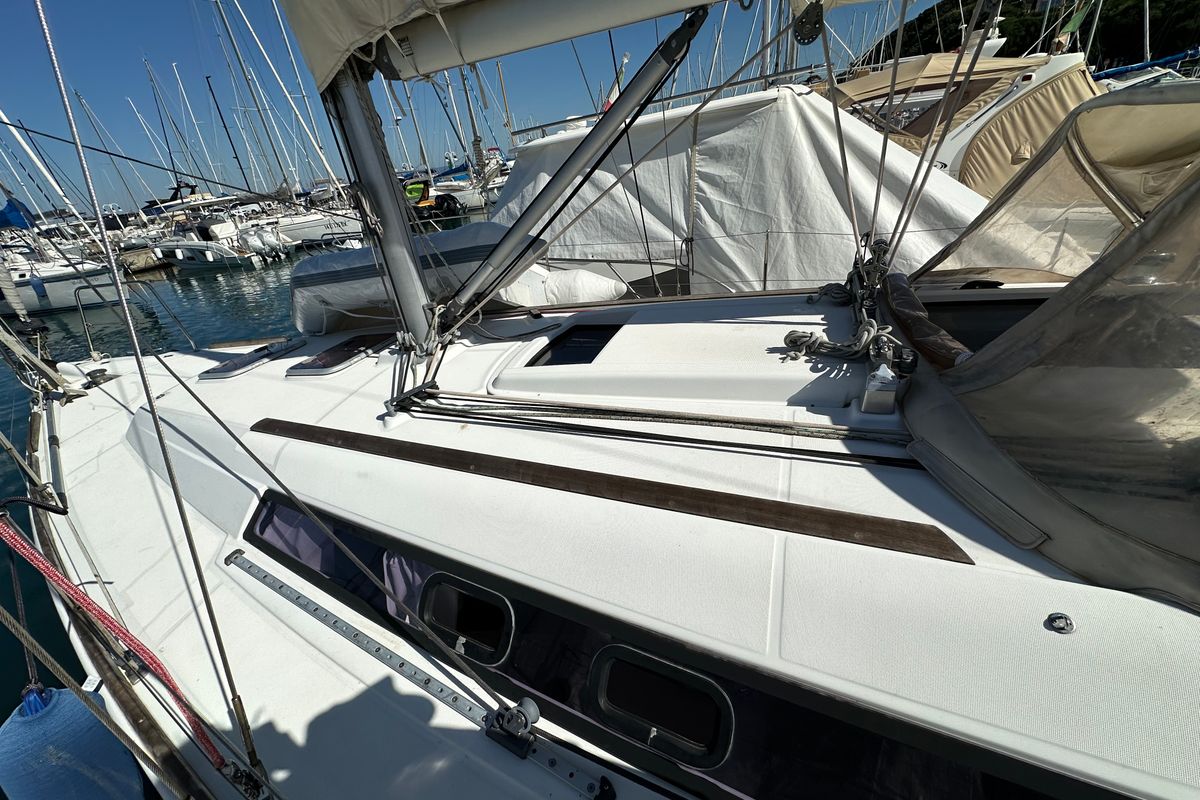 Deck of BLU, a Beneteau Oceanis 34 sailboat at Punta Ala, Italy