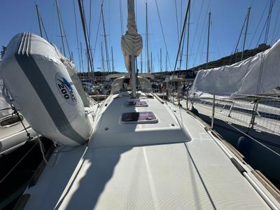 Deck of BLU, a Beneteau Oceanis 34 sailboat at Punta Ala, Italy