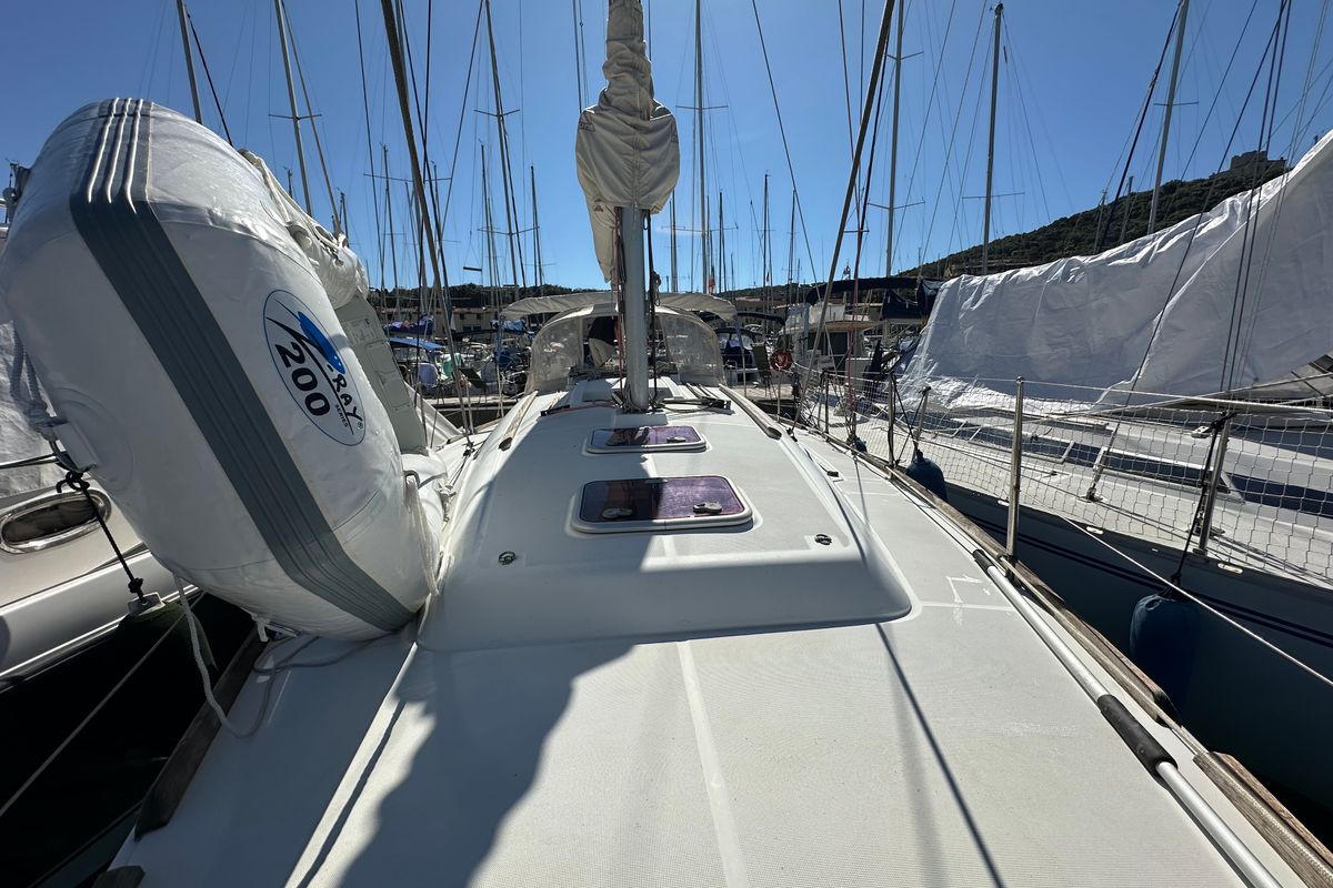 Deck of BLU, a Beneteau Oceanis 34 sailboat at Punta Ala, Italy