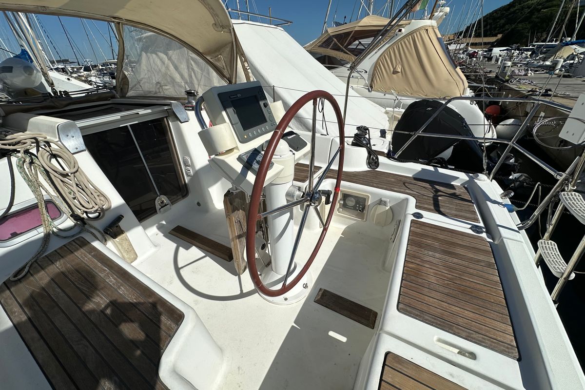 Cockpit of BLU, a Beneteau Oceanis 34 sailboat at Punta Ala, Italy