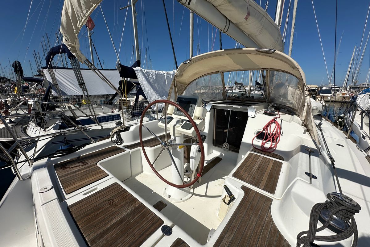 Cockpit of BLU, a Beneteau Oceanis 34 sailboat at Punta Ala, Italy